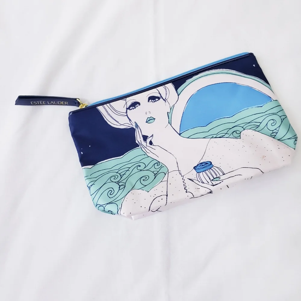 Estee Lauder Cosmetic Bag Elegant Lady Holding Perfume Blue Turquoise